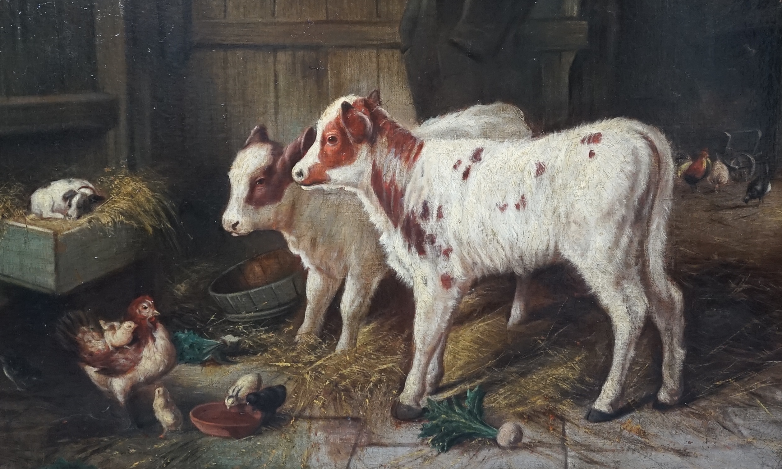 Walter Hunt (1861-1941), Calves, a puppy and poultry in a barn, oil on canvas, 50 x 75cm